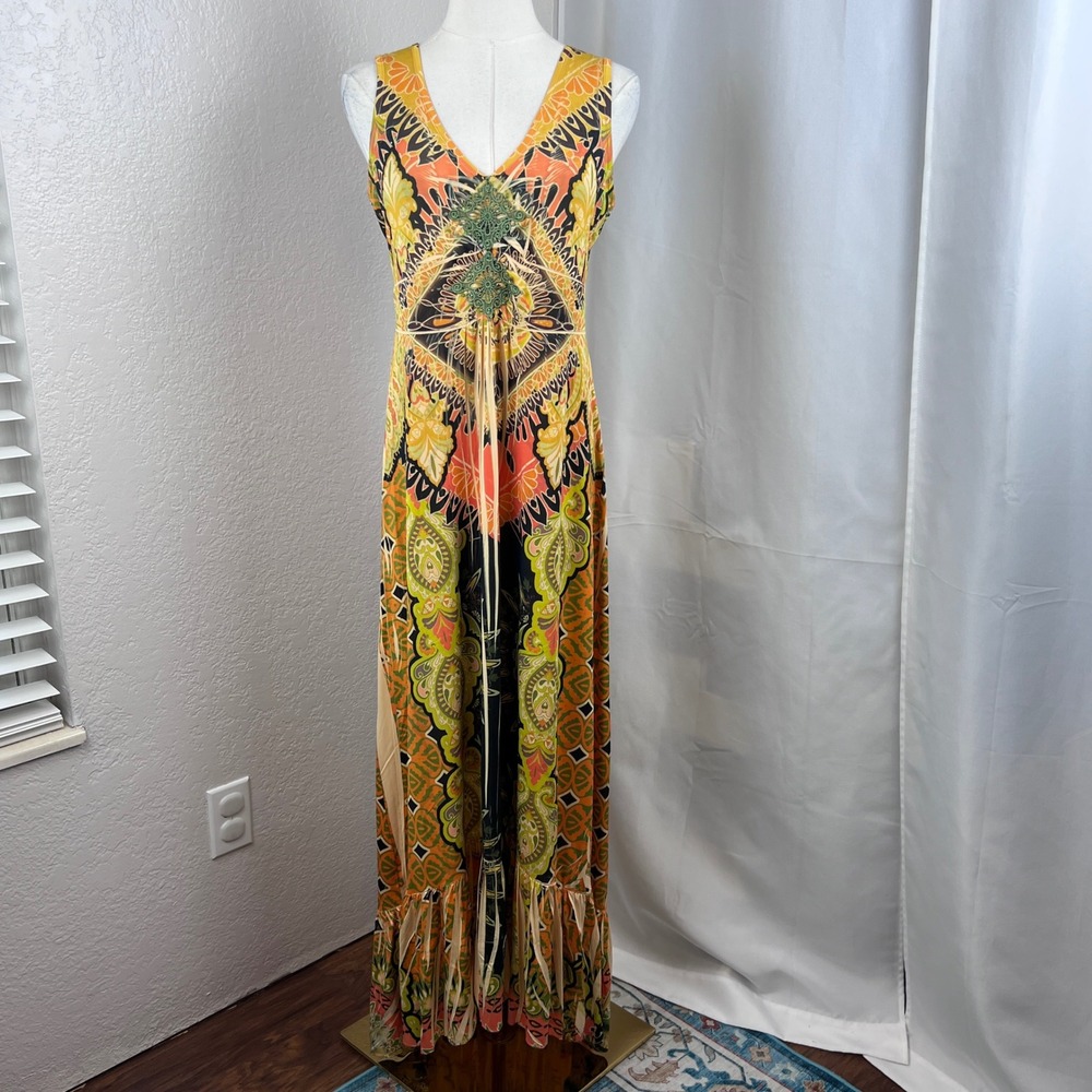 Y2K Maxi Dress Womens Small Orange Yellow Paisley Medallion Embellished Boho